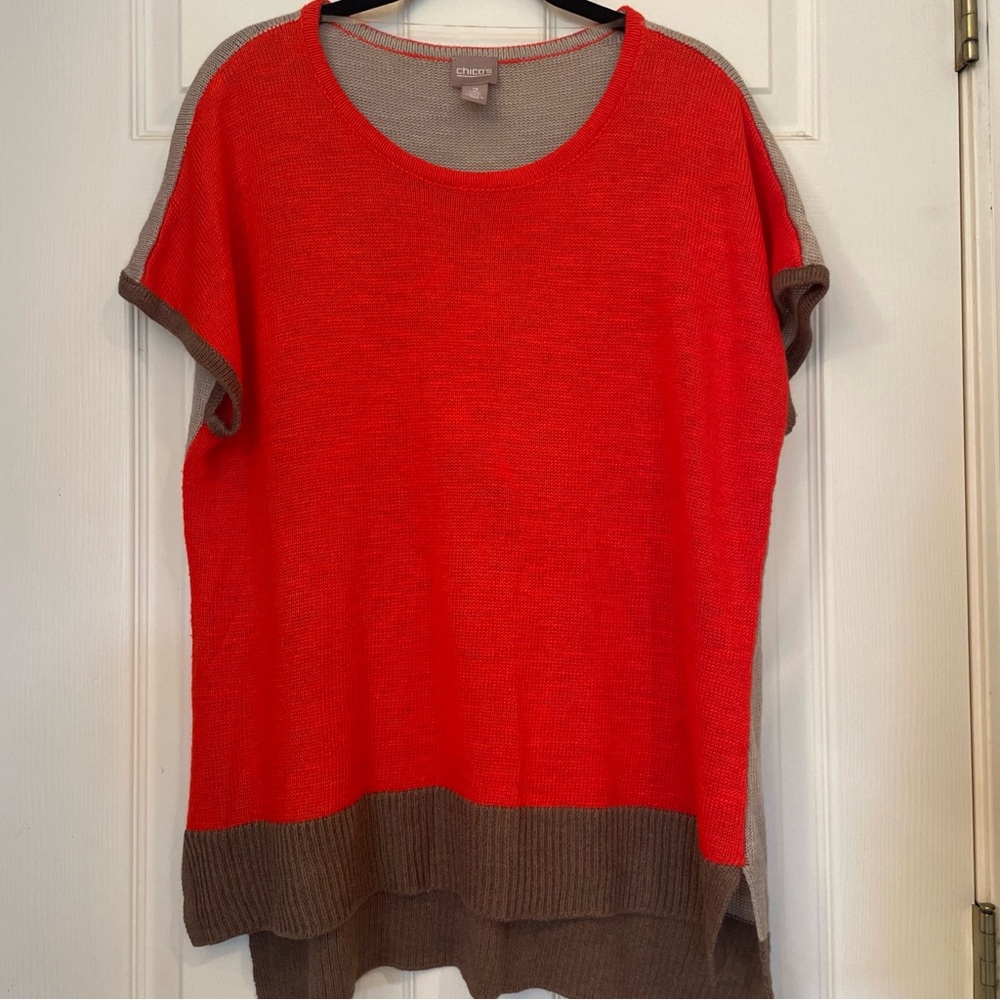 Chico’s Orange and Beige Colorblock Short Sleeve Sweater Sz 2 (L)